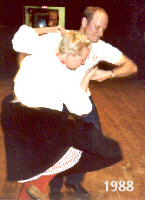 Ada and son Jas teaching a Rzeszow dance, 1988 or 1989.
